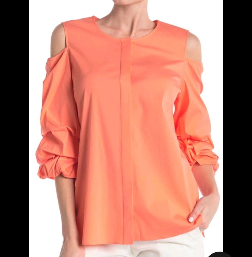 Lafayette 148 NY Poppy Cold Shoulder Blouse Coral Pink Orange Medium $368